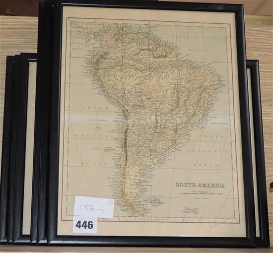 A set of six coloured engraved maps of countries and continents of the world, 32 x 24cm